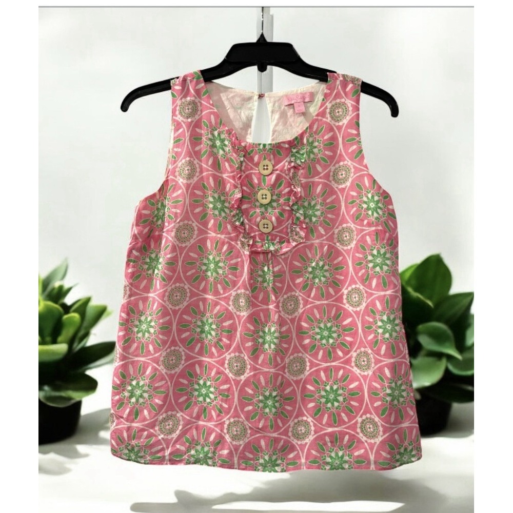 Lilly‎ Pulitzer pink and green silk/cotton sleeveless Cayden Shell Bib top. Sz 0